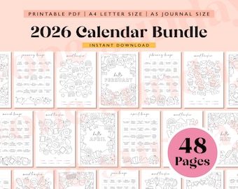 2026 BIG Calendar Bundle, Printable Journal Pages, Digital Planner Pages, A5/A4 Digital Download, 48 Pages