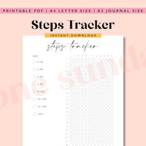 May include: Printable steps tracker for tracking daily steps. The tracker is designed to be used for a year and includes a key for different step ranges. The key includes the following ranges: 0-2K, 2-4K, 4-6K, 6-8K, 8-10K, 10-12K, 12-14K, 15K+.