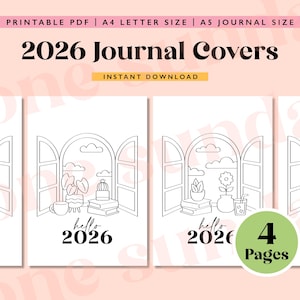 Może przedstawiać: Białe okładki dzienników z ilustracjami liniowymi okien, roślin i elementów sezonowych. Wyświetlany jest tekst "2026 Journal Covers" i "hello 2026". Dziennik jest dostępny w formatach A4, A5 i PDF.