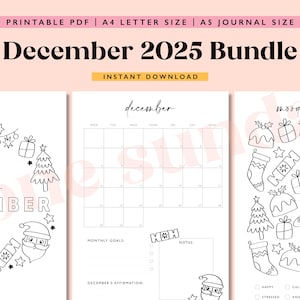 May include: Printable December 2025 calendar bundle with a Christmas theme. Includes a calendar page, a mood tracker, and a page for monthly goals and affirmations. The pages are black and white with illustrations of Christmas trees, Santa Claus, and other holiday symbols.
