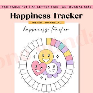 Op de afbeelding: Een printbare gelukstracker met een cirkelvormig ontwerp. De tracker heeft een regenboogkleurenschema met een gele zon, een roze hart en een paarse bloem. De tracker is verdeeld in 31 secties voor dagelijkse tracking.