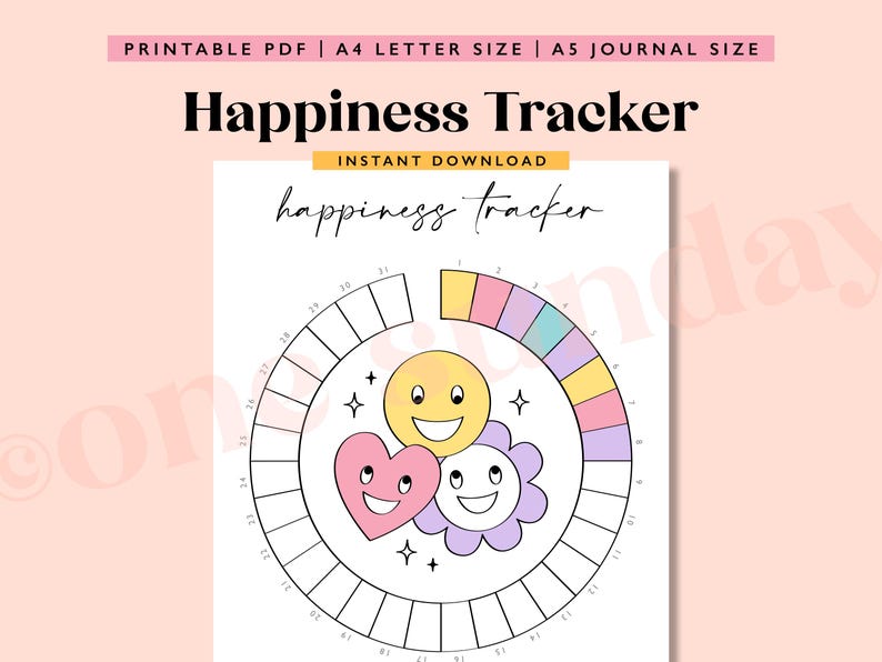 Op de afbeelding: Een printbare gelukstracker met een cirkelvormig ontwerp. De tracker heeft een regenboogkleurenschema met een gele zon, een roze hart en een paarse bloem. De tracker is verdeeld in 31 secties voor dagelijkse tracking.
