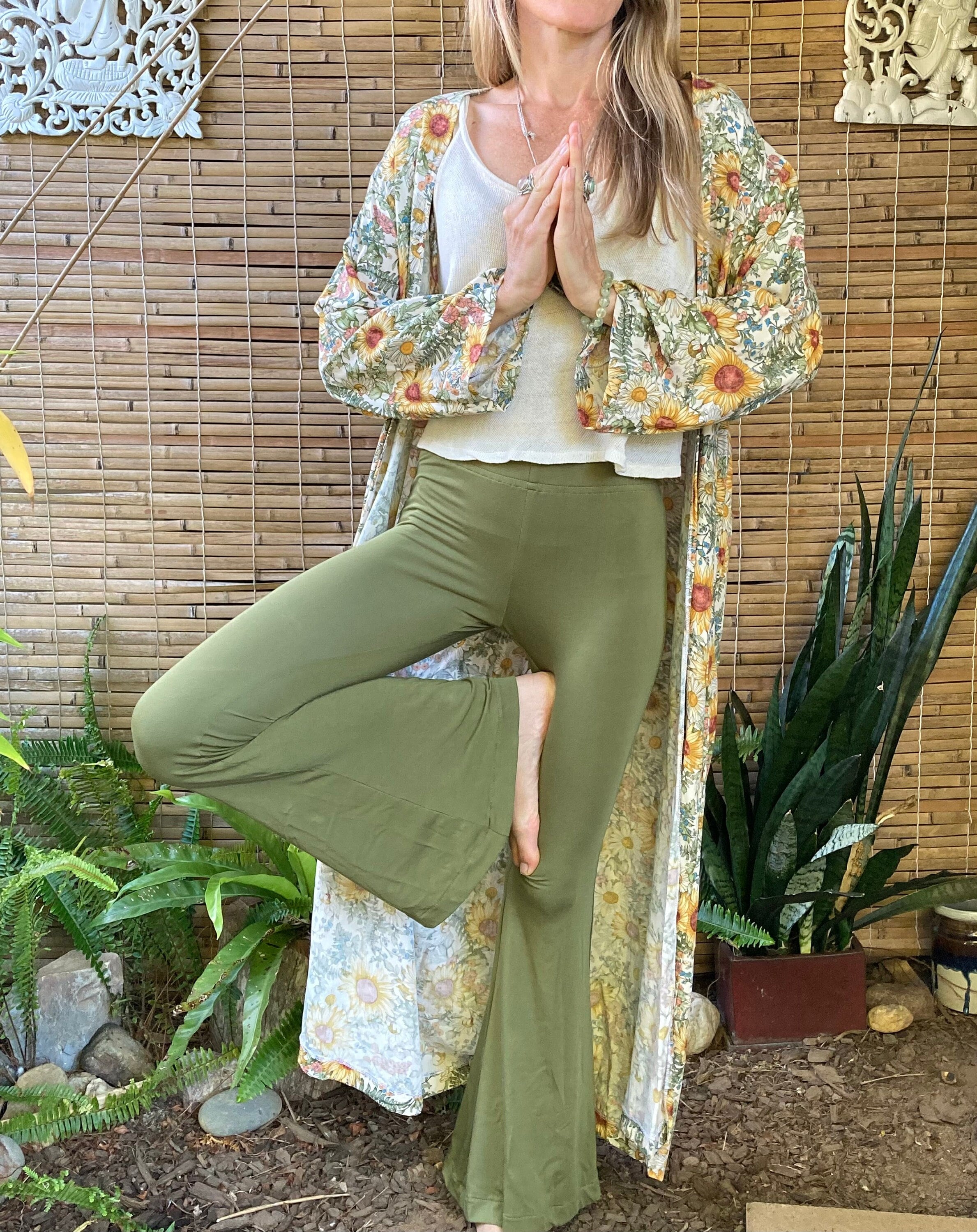 Green Flare Pants. Maxi Wide Leg Palazzo Bottoms. Festival Bottoms