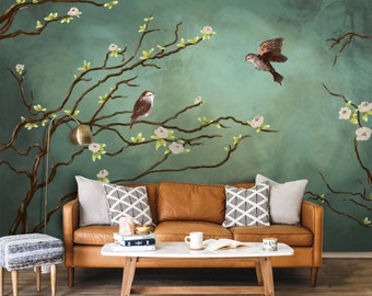 Sparrow With Flowers wall decor Repositionable Sparrow wall mural Reusable Removable MAF022 Peel and stick Leaves removable wallpaper