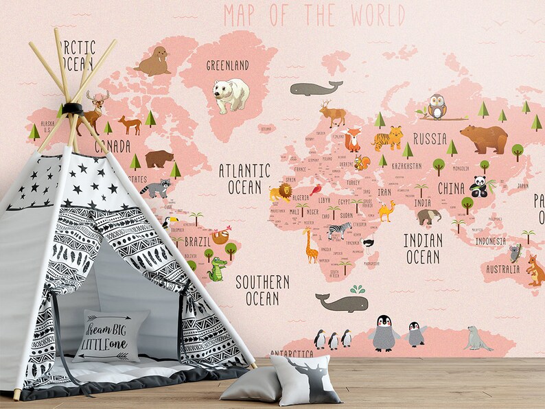 Pink Colors World Map Wallpaper Girly Room Decor Wall Poster Etsy