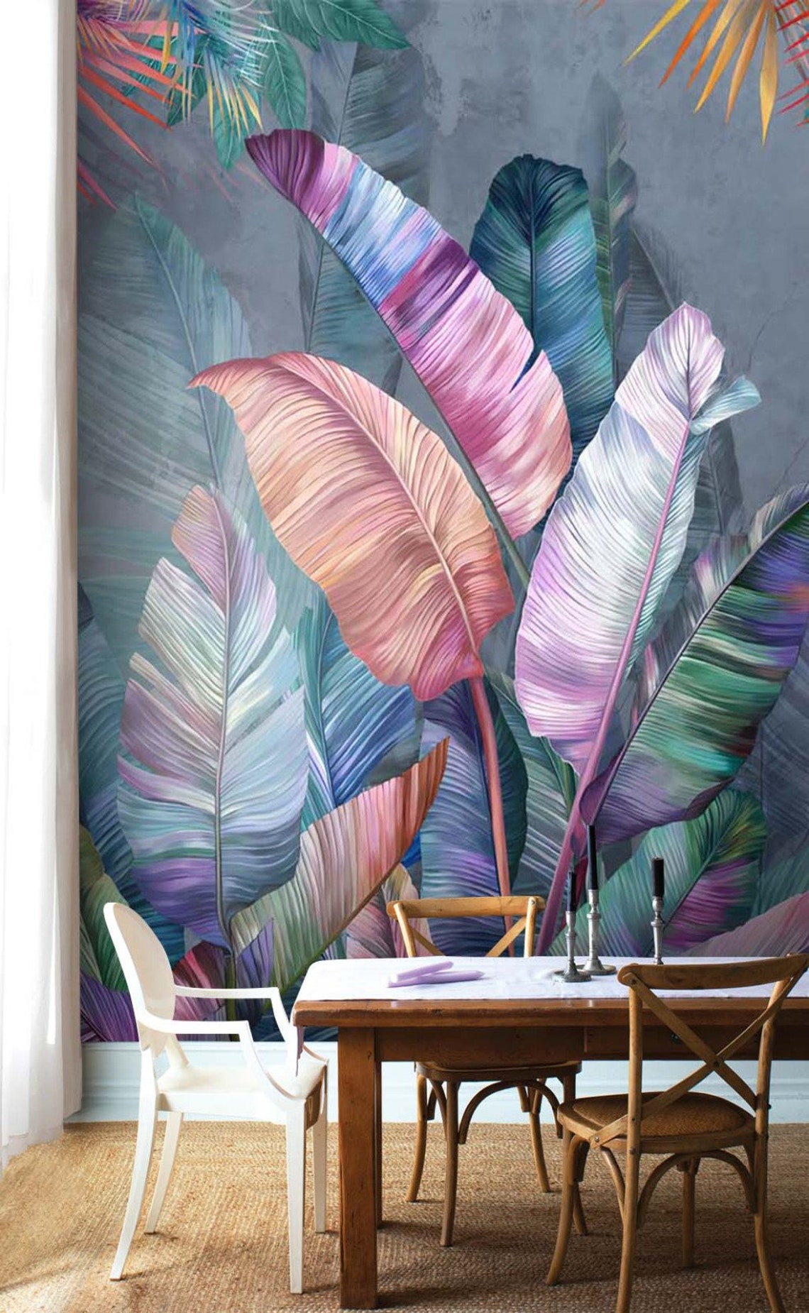 Colorful Tropical Wallpaper Living Room Trendy Leaves Wall Etsy
