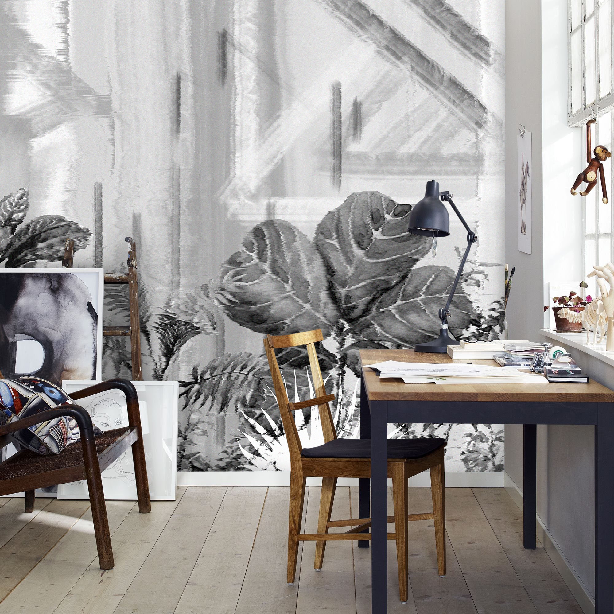 Black And White Colors Garden Wallpaper Tropical Leaves Wall | Etsy