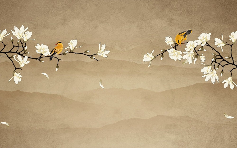 Asian Design Wallpaper Birds And Trees Stylish Wall Mural Etsy