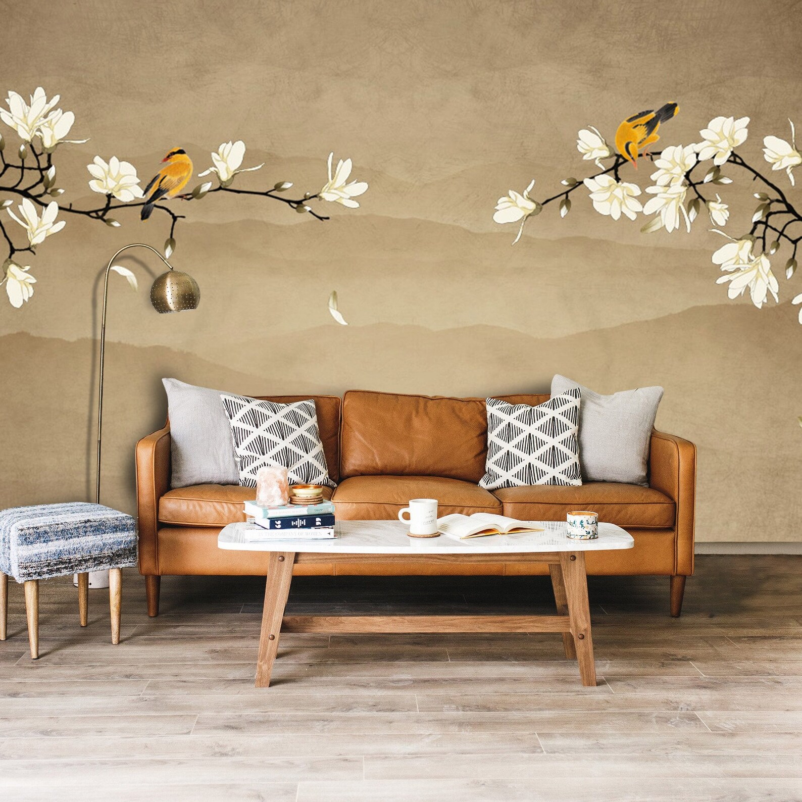 Asian Design Wallpaper Birds And Trees Stylish Wall Mural Etsy