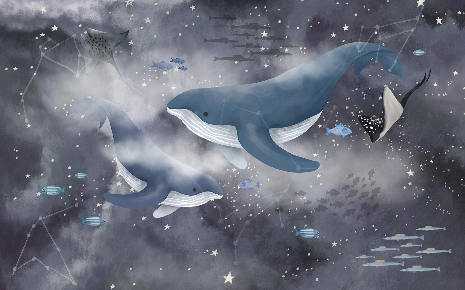 Night Whales And Sky Wallpaper Space Wall Poster Nursery | Etsy
