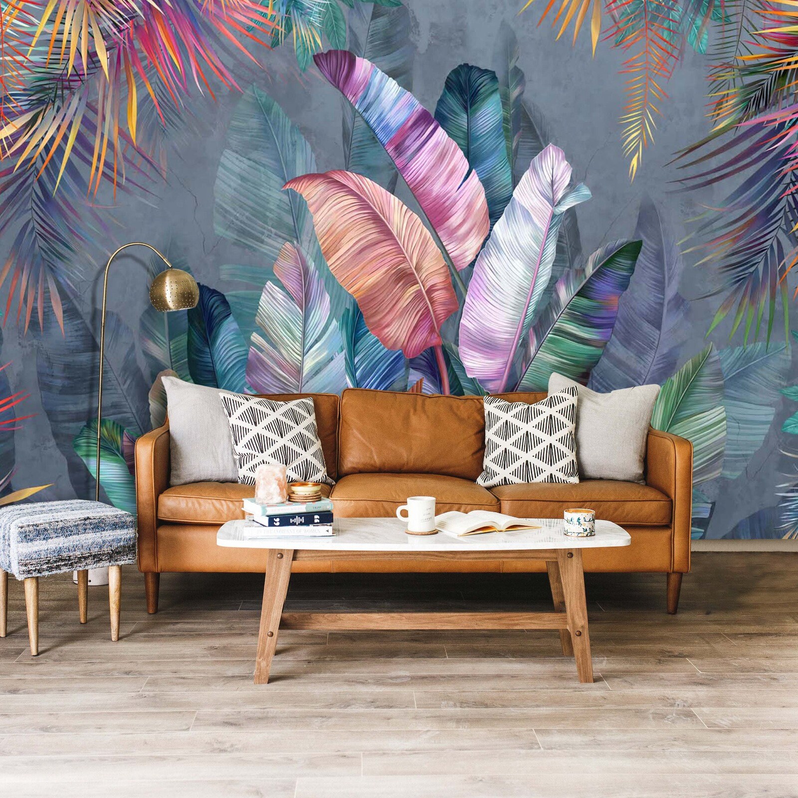 Colorful Tropical Wallpaper Living Room Trendy Leaves Wall Etsy