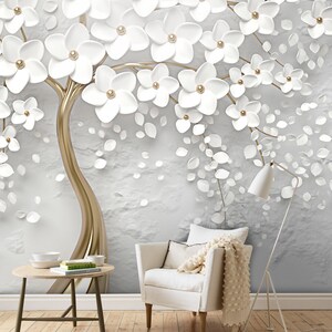 3D Gold Tree Floral Wallpaper White 3D Floral Wall Mural | Etsy