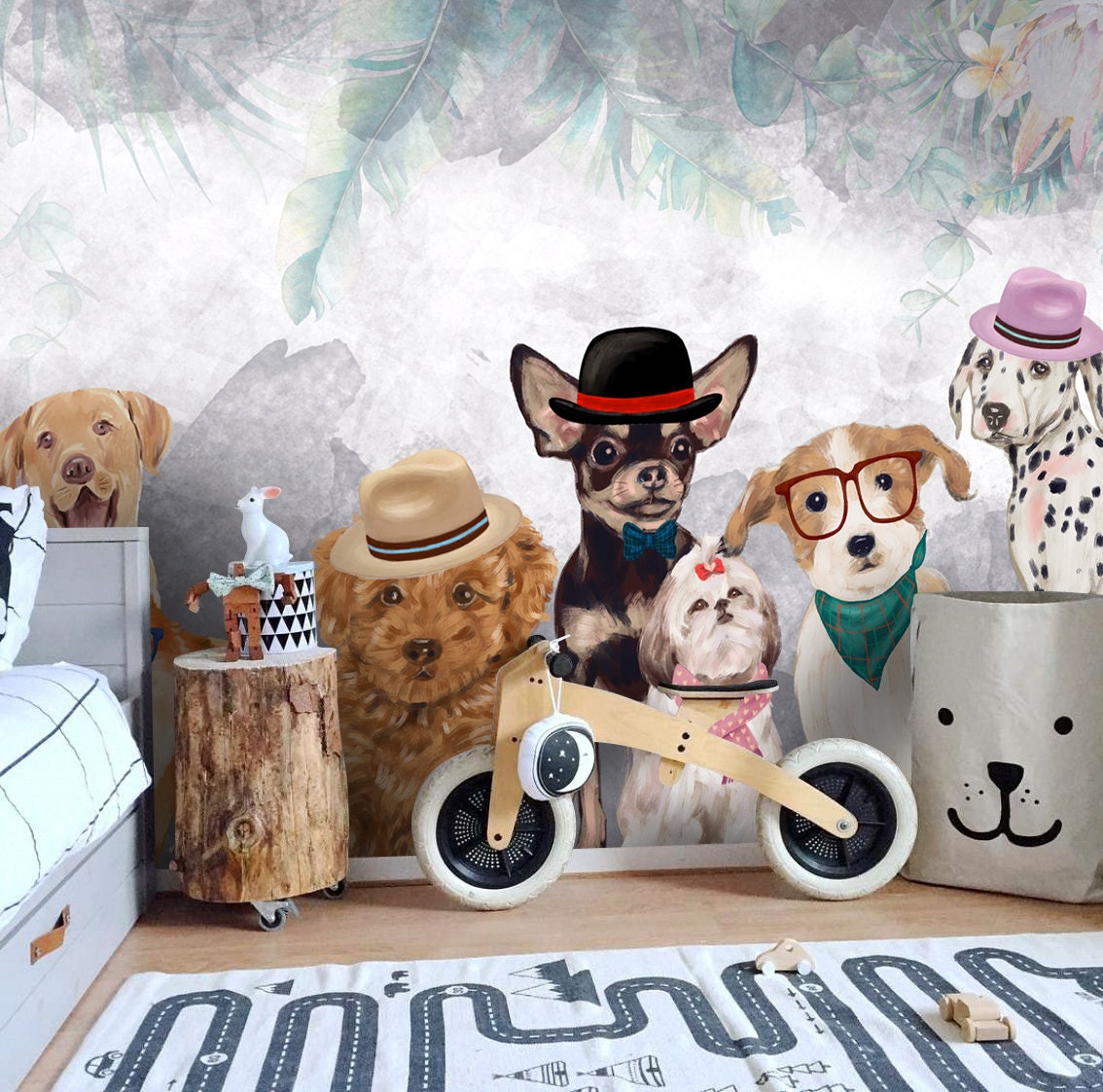 Cute Dogs Wallpaper Animals Wall Mural Nursery Bedroom Cartoon Etsy
