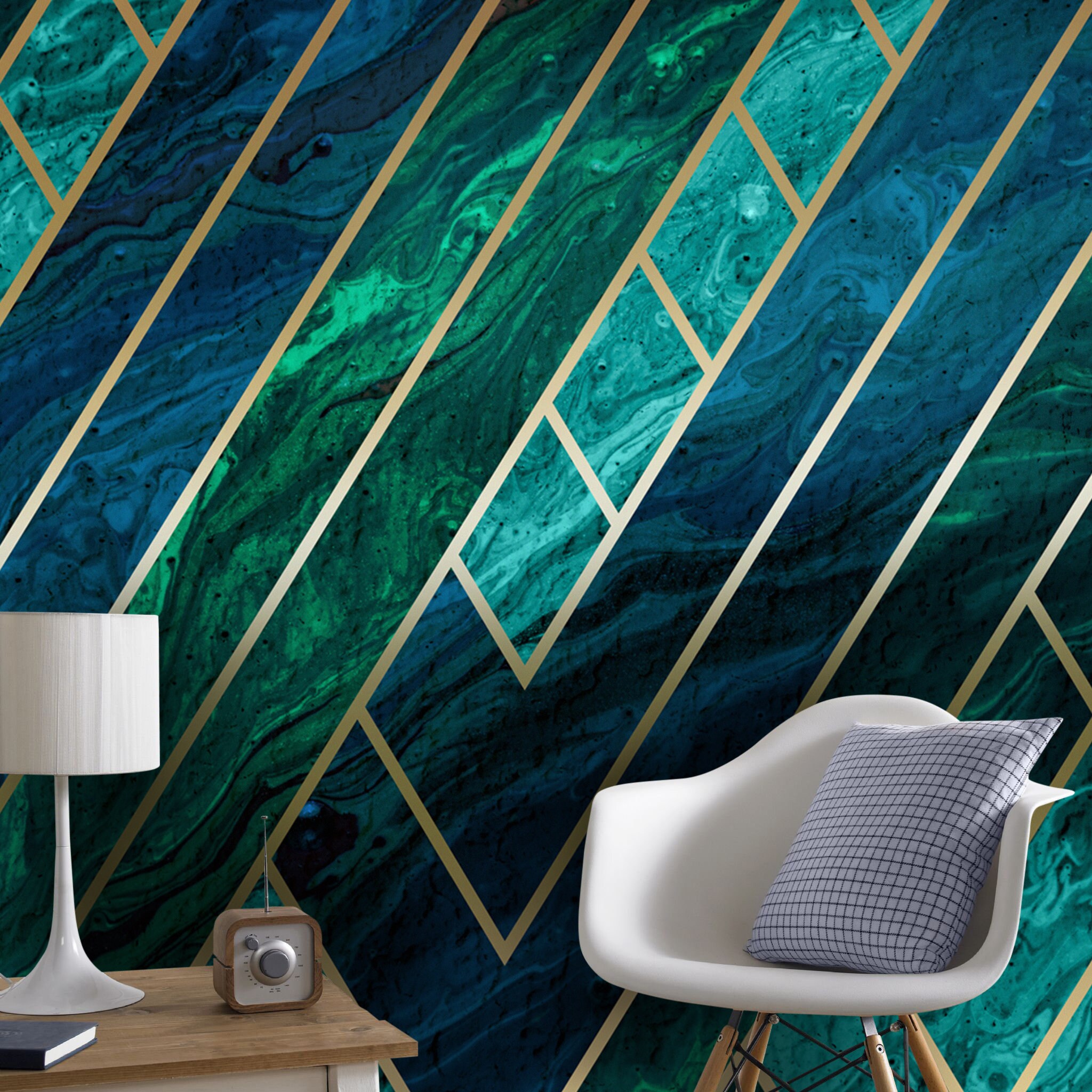 Gold Stripes Green Tones Elegant Wallpaper Modern Wall Mural Etsy