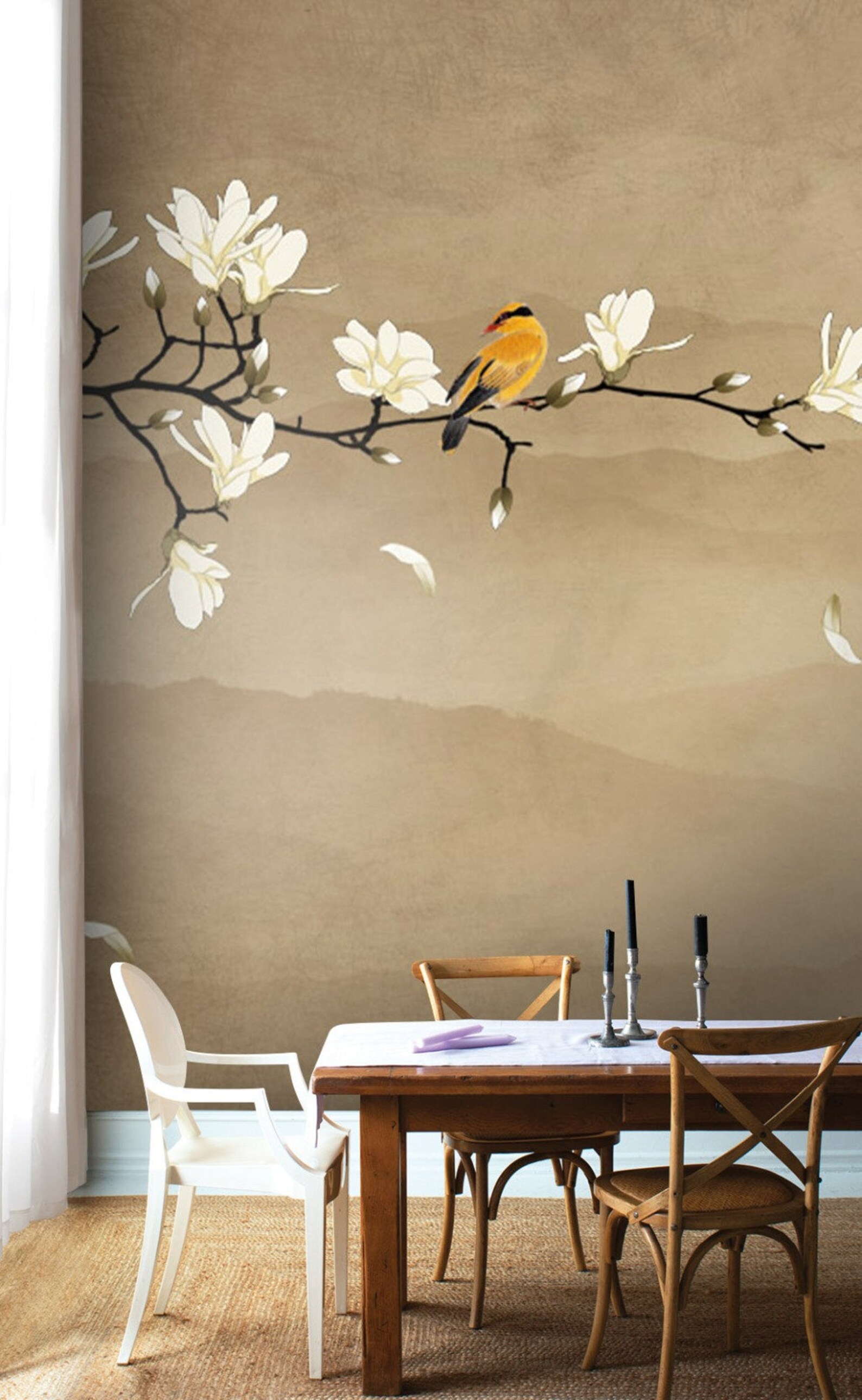 Asian Design Wallpaper Birds And Trees Stylish Wall Mural Etsy