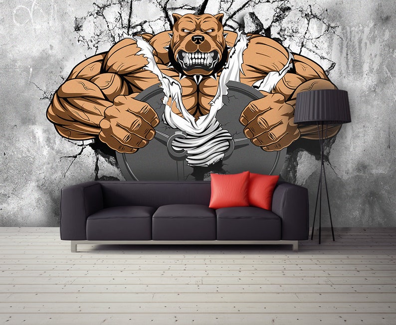Gym Wall Mural Wallpaper Cartoon Strong Dog Wall Art Gym | Etsy