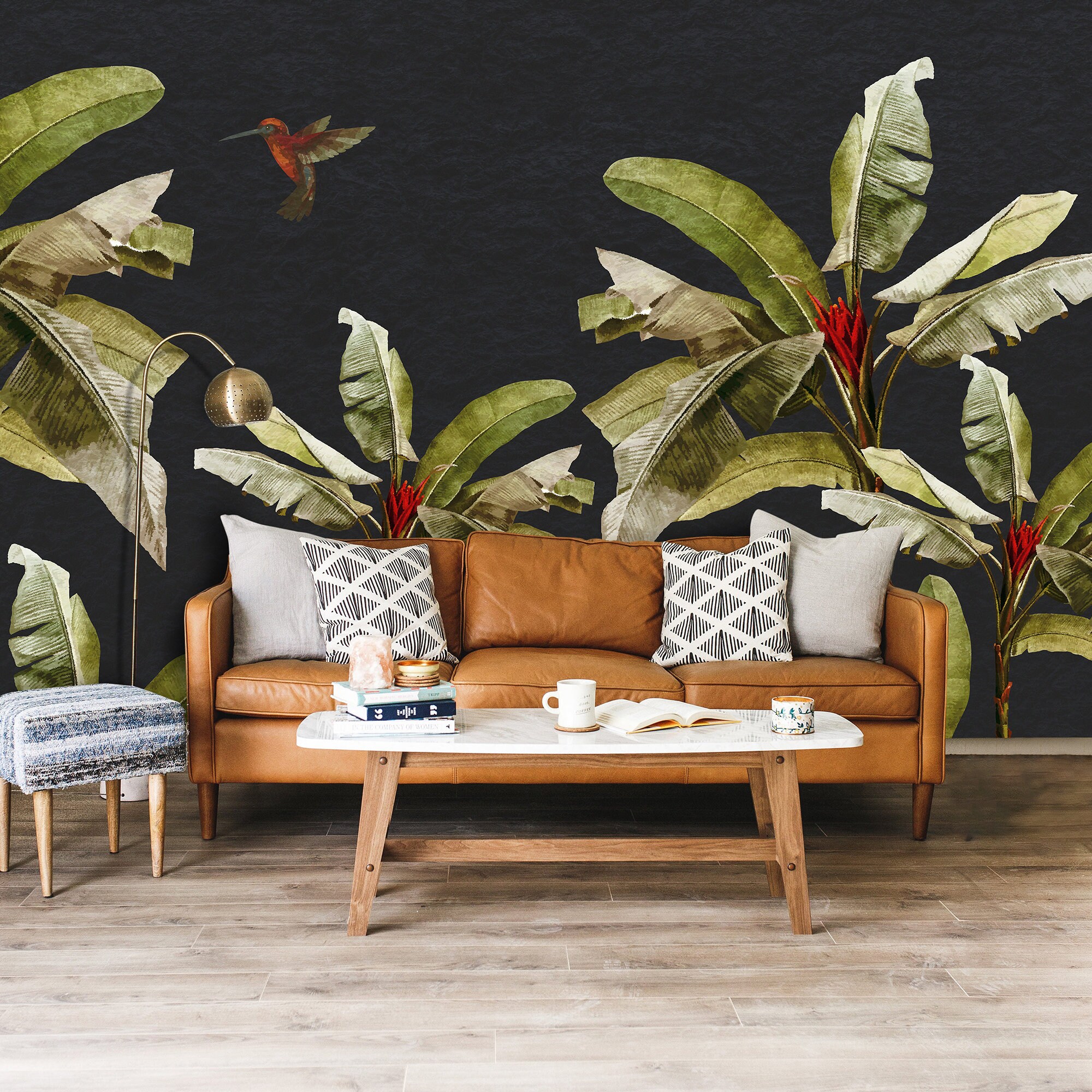 Banana Tree Tropical Dark Background Wallpaper Leaf Wall | Etsy