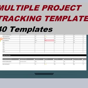 Könnte beinhalten: Eine Frau steht vor einem Laptop-Bildschirm, auf dem eine Projektmanagement-Vorlage angezeigt wird. Der Bildschirm zeigt eine Tabellenkalkulation mit dem Text "Project Status Report". Der Text "Multiple Project Tracking Templates" und "40 Templates" wird über der Tabellenkalkulation angezeigt.