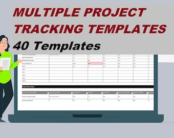 May include: A woman stands in front of a laptop screen showing a project management template. The screen displays a spreadsheet with the text "Project Status Report". The text "Multiple Project Tracking Templates" and "40 Templates" are displayed above the spreadsheet.