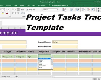 May include: A spreadsheet template for tracking project tasks. The template includes columns for task, task type, task status, priority, assigned to, assigned date, deadline, estimated hours, start date, end date, and percent done. The template is titled "Project Tasks Tracking Template".