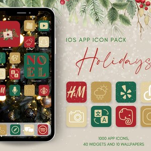 Icônes d’application de Noël, icônes d’écran d’accueil de vacances, icônes esthétiques d’hiver, widgets joyeux Noël, icônes d’application iPhone, ensemble d’icônes de Noël rouge vert