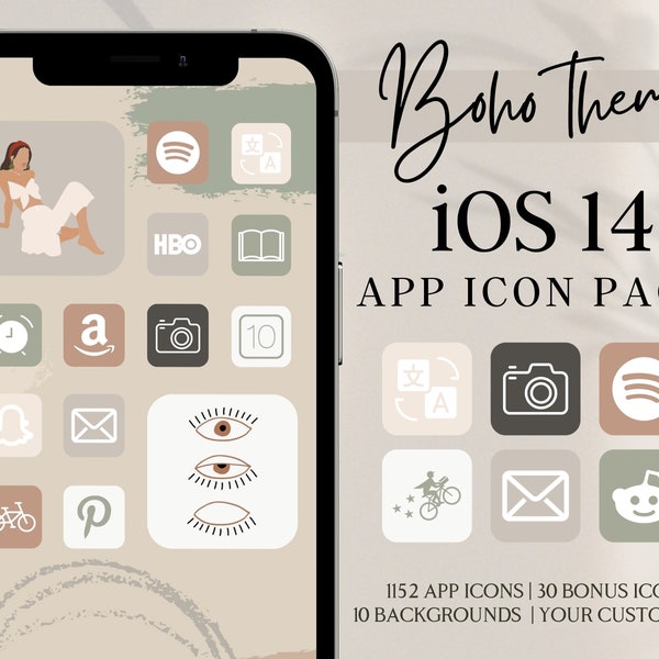 Boho iPhone App Icons, iOS 14 App Icons, iPhone Home Screen Ios 14 System Icons, Bohemian widgets, Custom app icons, Boho style theme pack