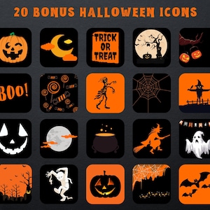 Puede incluir: Una colecci&oacute;n de 20 iconos con tem&aacute;tica de Halloween en naranja y negro. Los iconos incluyen una calabaza tallada, una luna creciente, las palabras "Trick or Treat", una casa embrujada y un fantasma. El texto en la parte superior dice "20 BONUS HALLOWEEN ICONS".