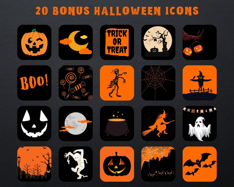 Puede incluir: Una colecci&oacute;n de 20 iconos con tem&aacute;tica de Halloween en naranja y negro. Los iconos incluyen una calabaza tallada, una luna creciente, las palabras "Trick or Treat", una casa embrujada y un fantasma. El texto en la parte superior dice "20 BONUS HALLOWEEN ICONS".