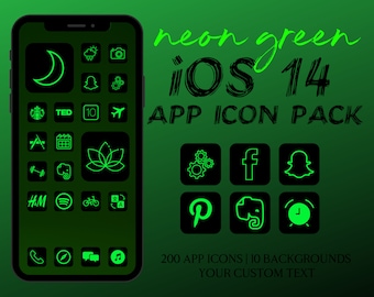 Iconos de aplicaciones verdes de neón, tema de iPhone IOS 14, iconos de aplicaciones de iOS 14, iconos de aplicaciones de neón, paquete de portada de aplicaciones verdes minimalistas, iconos de pantalla de inicio de iPhone