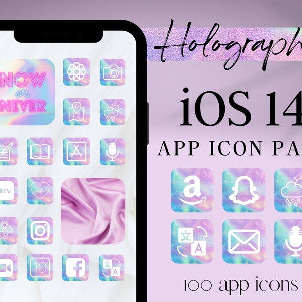 iPhone iOS 14 App Icons, Pink Aesthetic icons, Holographic App Covers, App Icon Bundle, Update iPhone app covers, Rainbow app icons