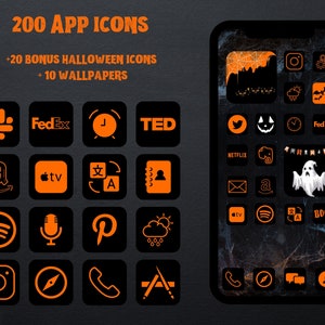 Puede incluir: Una pantalla de smartphone muestra iconos de aplicaciones negras con detalles en naranja, incluyendo logos de redes sociales y servicios de streaming. El texto "200 APP ICONS" y "+20 BONUS HALLOWEEN ICONS + 10 WALLPAPERS" se muestra en la parte superior.