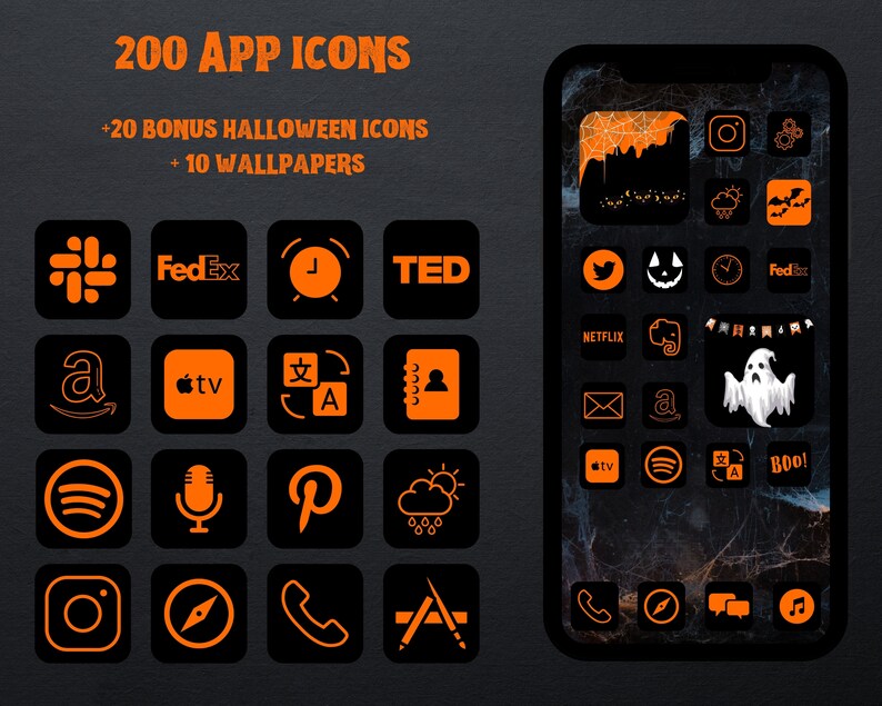 Puede incluir: Una pantalla de smartphone muestra iconos de aplicaciones negras con detalles en naranja, incluyendo logos de redes sociales y servicios de streaming. El texto "200 APP ICONS" y "+20 BONUS HALLOWEEN ICONS + 10 WALLPAPERS" se muestra en la parte superior.