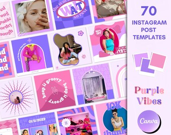 Instagram Post Templates, Retro Instagram Templates, Purple Canva Design, 90's Social Media Template, Groovy Instagram Feed Branding