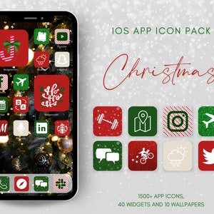 Ensemble d&#39;icônes d&#39;application de Noël, icônes esthétiques d&#39;hiver, widgets joyeux Noël, icônes d&#39;application iPhone, écran d&#39;accueil de vacances, icônes de Noël rouge vert