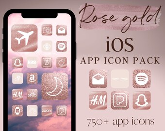 Iconos de aplicaciones de oro rosa, iconos de aplicaciones de iPhone iOS, iconos de estética rosa, paquete de iconos de aplicaciones, iconos de aplicaciones de iPhone de pantalla de inicio, portadas de aplicaciones de brillo rosa