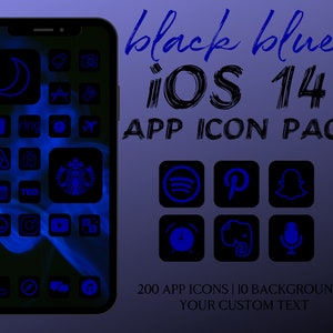 Op de afbeelding: Een zwart en blauw iOS 14 app-pictogrampakket met 200 pictogrammen en 10 achtergronden. De pictogrammen zijn blauw omlijnd en de tekst is zwart. De tekst luidt "black blue iOS 14 APP ICON PACK 200 APP ICONS | 10 BACKGROUNDS YOUR CUSTOM TEXT".