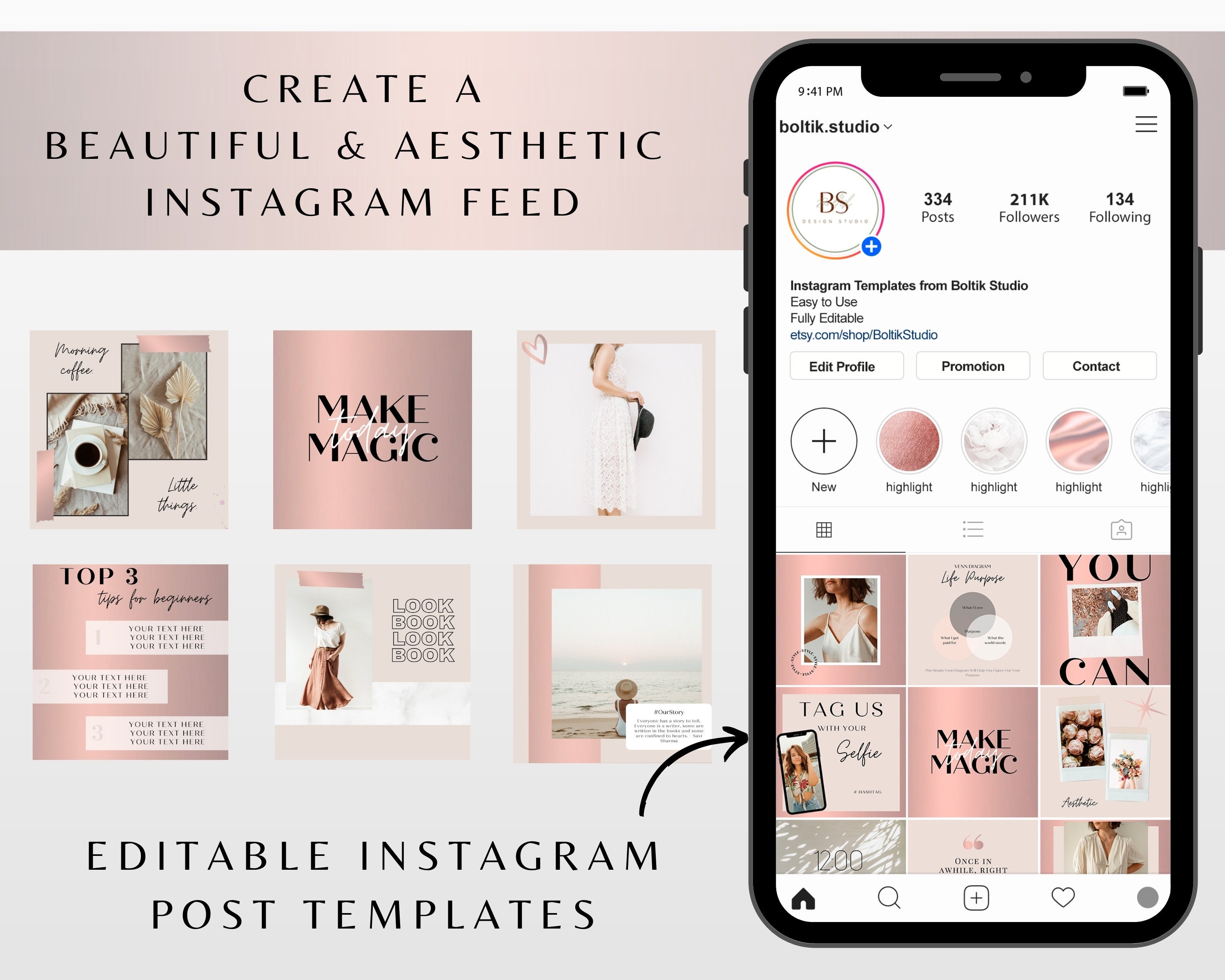Instagram Template Canva Rose Gold Pink Editable Instagram | Etsy
