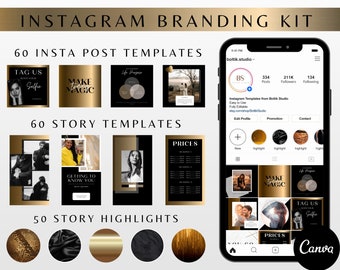 Bearbeitbares Instagram Template Pack, Gold Instagram Stories, Instagram Post Templates für Canva, Black Instagram Feed, Instagram Branding Kit
