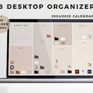 Może przedstawiać: Ekran laptopa wyświetlający organizer pulpitu z kalendarzem na lata 2024 i 2025. Kalendarz jest na sierpień 2021. Organizer pulpitu zawiera foldery oznaczone jako "Do zrobienia", "Osobiste", "W toku", "Praca", "Różne" i "Aplikacje". Dołączono 60 ikon folderów.