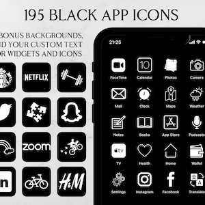 May include: A black and white image of a smartphone screen displaying 195 black app icons. The icons are arranged in a grid pattern and include popular apps such as Netflix, Instagram, Facebook, and Twitter. The text "195 BLACK APP ICONS" is displayed at the top of the screen.