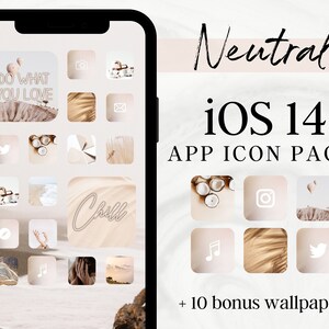 May include: A mockup of an iPhone screen displaying a neutral-toned iOS 14 app icon pack. The icons are arranged in a grid and feature images of coconuts, palm leaves, sand, and other nature-inspired elements. The text "Neutral iOS 14 App Icon Pack" and "+ 10 bonus wallpapers" are displayed below the icons.