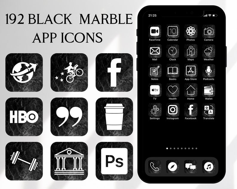 IPhone iOS 14 App Icons Black Aesthetic icons Minimal App ...