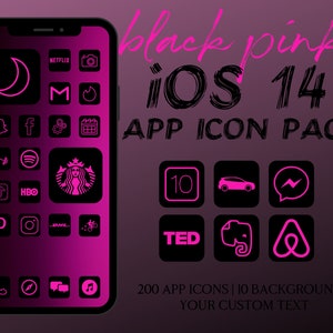 May include: A black and pink iOS 14 app icon pack with 200 icons and 10 backgrounds. The icons are displayed on a smartphone screen with a gradient background. The text "black pink iOS 14 APP ICON PACK" is displayed at the top of the image.