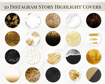 Könnte beinhalten: Fünfzig Instagram-Story-Highlight-Cover mit verschiedenen Designs in Gold, Schwarz und Weiß. Die Designs umfassen Marmor, Glitzer, Blätter und abstrakte Muster.