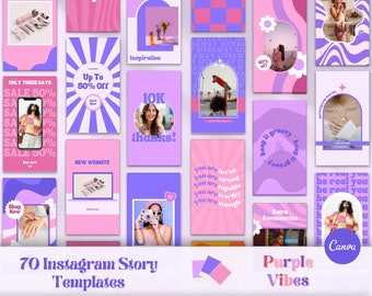 Retro Instagram Story Templates, Purple Instagram Stories, Pink Instagram Templates Canva, Groovy Insta Stories, 90s Social Media Templates