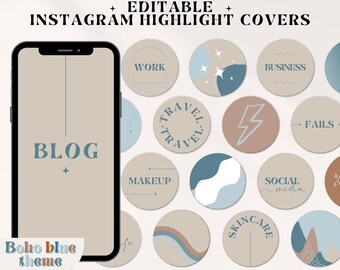 Instagram Highlight Covers, Minimalist Covers for Instagram, Boho Instagram icons, Blue Instagram Stories, Text Instagram Story Covers