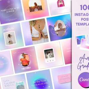 Könnte beinhalten: 100 Instagram-Post-Vorlagen mit bunten Verlaufshintergründen. Die Vorlagen bieten verschiedene Designs, darunter Textüberlagerungen, Fotos und Illustrationen. Der Text enthält Sätze wie "Let's Vacation With Us", "Be the best version of you" und "Giveaway".