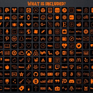 Puede incluir: Una colecci&oacute;n de iconos naranjas sobre un fondo negro, que representan aplicaciones y servicios. El texto "WHAT IS INCLUDED?" est&aacute; en la parte superior. Los iconos cuadrados muestran logotipos de redes sociales, compras y otras plataformas.