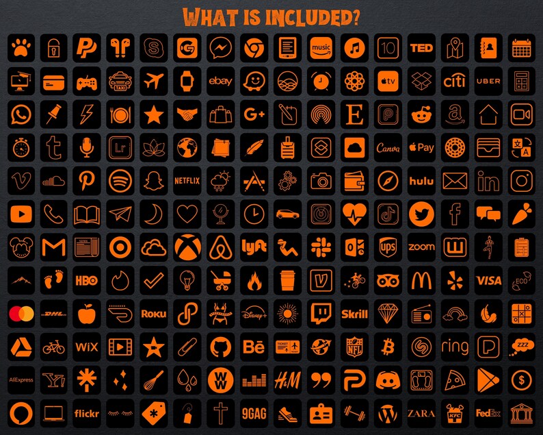 Puede incluir: Una colecci&oacute;n de iconos naranjas sobre un fondo negro, que representan aplicaciones y servicios. El texto "WHAT IS INCLUDED?" est&aacute; en la parte superior. Los iconos cuadrados muestran logotipos de redes sociales, compras y otras plataformas.