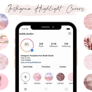 Pode incluir: Uma captura de tela de uma p&aacute;gina de perfil do Instagram com o nome de usu&aacute;rio "boltik.studio". O perfil tem 334 postagens, 211.000 seguidores e 134 pessoas que o seguem. A foto do perfil &eacute; um logotipo com as letras "BS" em um c&iacute;rculo. A biografia do perfil diz "Instagram Templates from Boltik Studio Easy to Use Fully Editable etsy.com/shop/BoltikStudio". O perfil tem bot&otilde;es para "Editar perfil", "Promo&ccedil;&atilde;o" e "Contato". Abaixo dos bot&otilde;es, h&aacute; uma linha de nove capas de destaque do Instagram. As capas de destaque s&atilde;o todas em tons de rosa e branco e apresentam v&aacute;rios designs, incluindo uma cena de praia, uma textura de m&aacute;rmore, uma rosa e glitter.